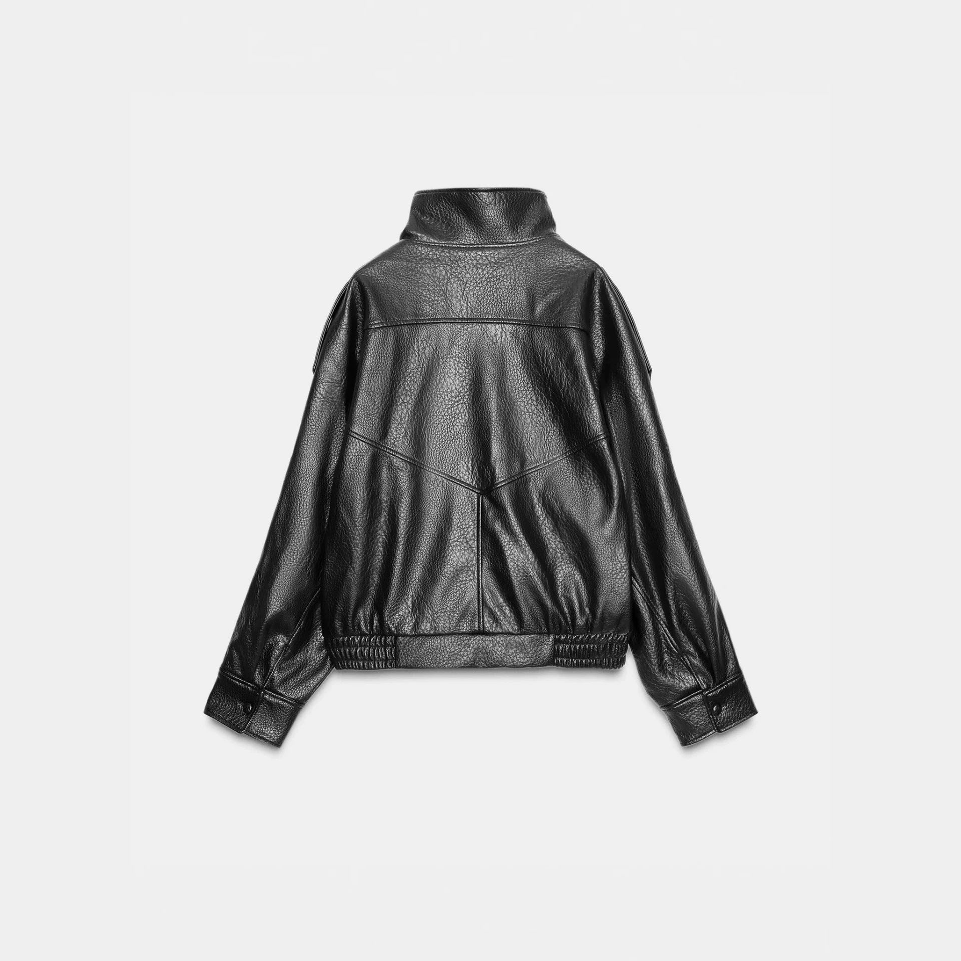 Men's short-cut leather jacket with high stand-up collar and ribbed hem Chichicherry