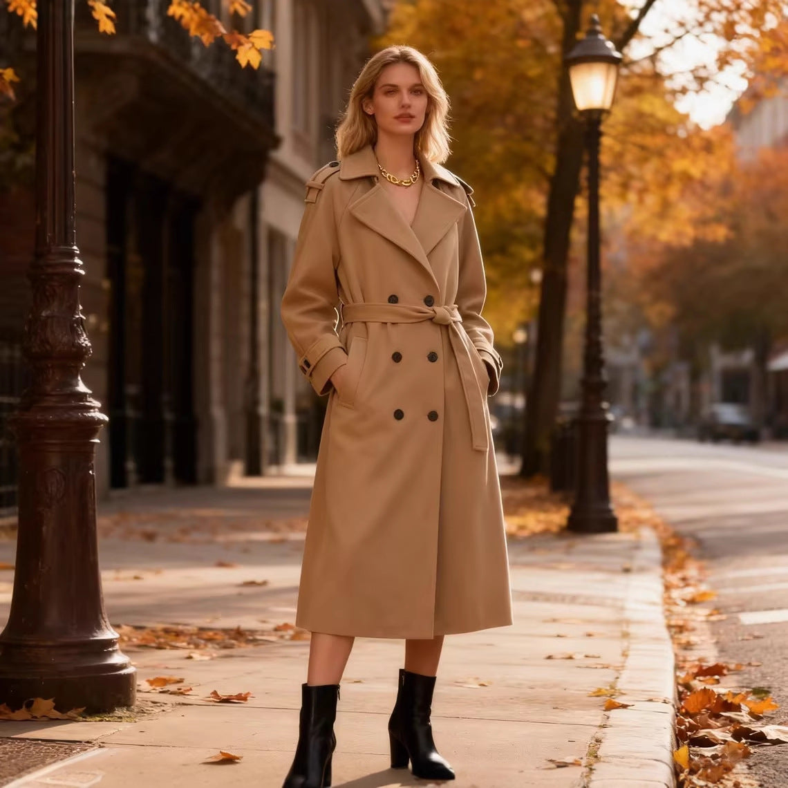 Women Long Double-breasted Trench Coat with Belt and Shoulder Straps Chichicherry