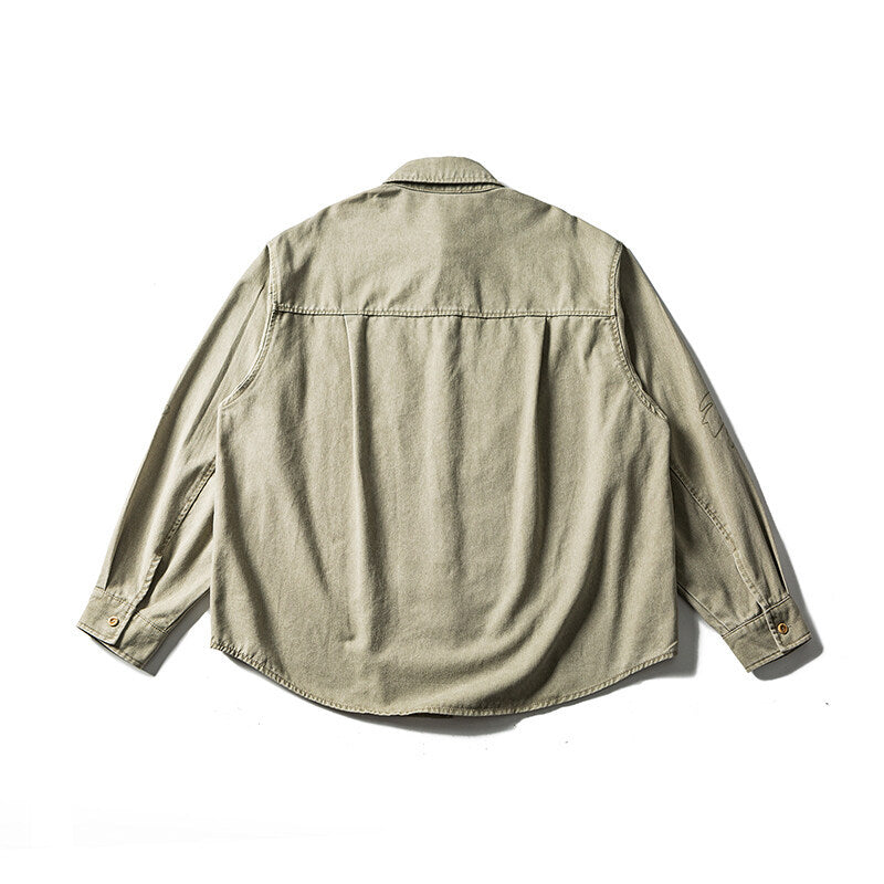 Unisex Oversized Shirt Jacket with Embroidered Leaf Motifs and Rounded Hem Chichicherry