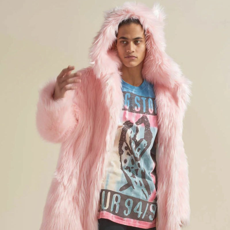 Women's Longer Hooded Faux Fur Coat with Animal Ears and Fluffy High Pile Chichicherry