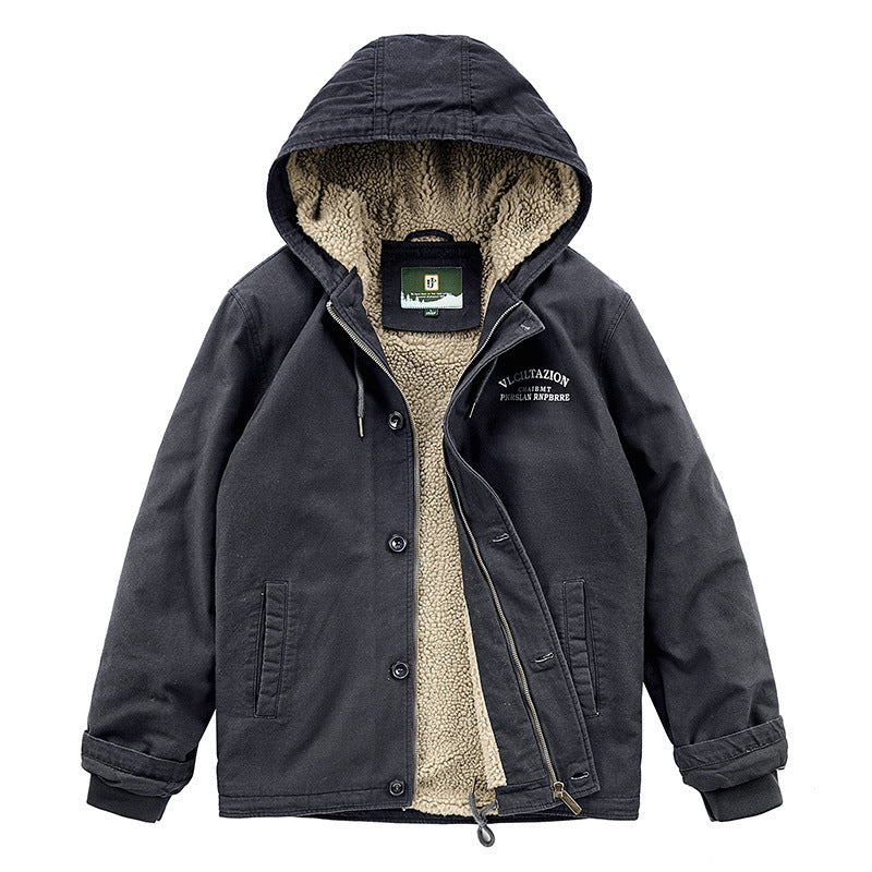 Men's Hooded Canvas Parka with Teddy Fleece Lining and Wind Protection Placket Chichicherry