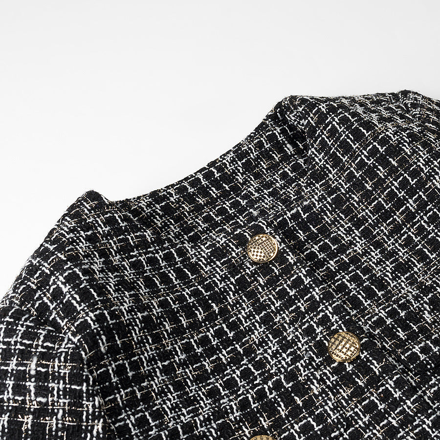 Women's Boucle Tweed Jacket with Round Neckline, Gold Decorative Buttons and Patch Pockets Chichicherry