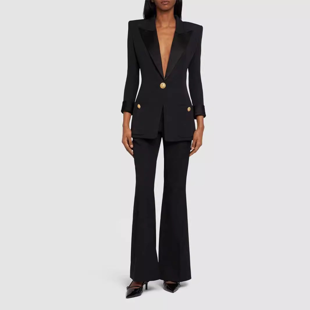 Women's Tailored Tuxedo Blazer with Satin Shawl Collar and Decorative Medallion Buttons Chichicherry