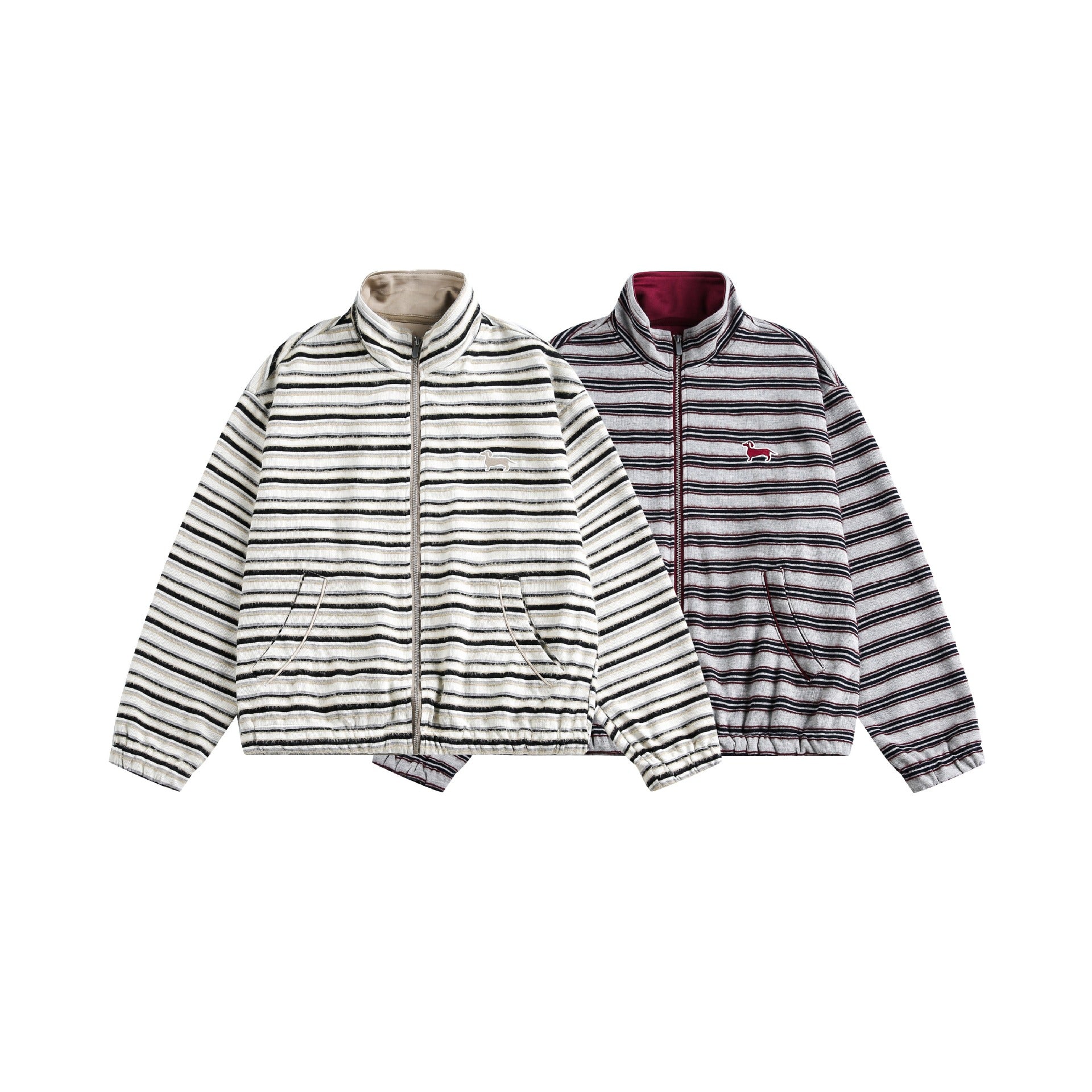 Women's Striped Sweat Jacket with Stand-Up Collar, Zipper and Elastic Hem