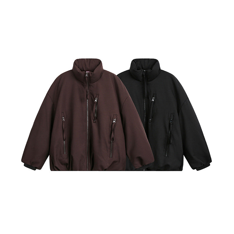 Unisex Wide Cut Utility Fleece Jacket with Stand-Up Collar and Multiple Zipper Pockets Chichicherry