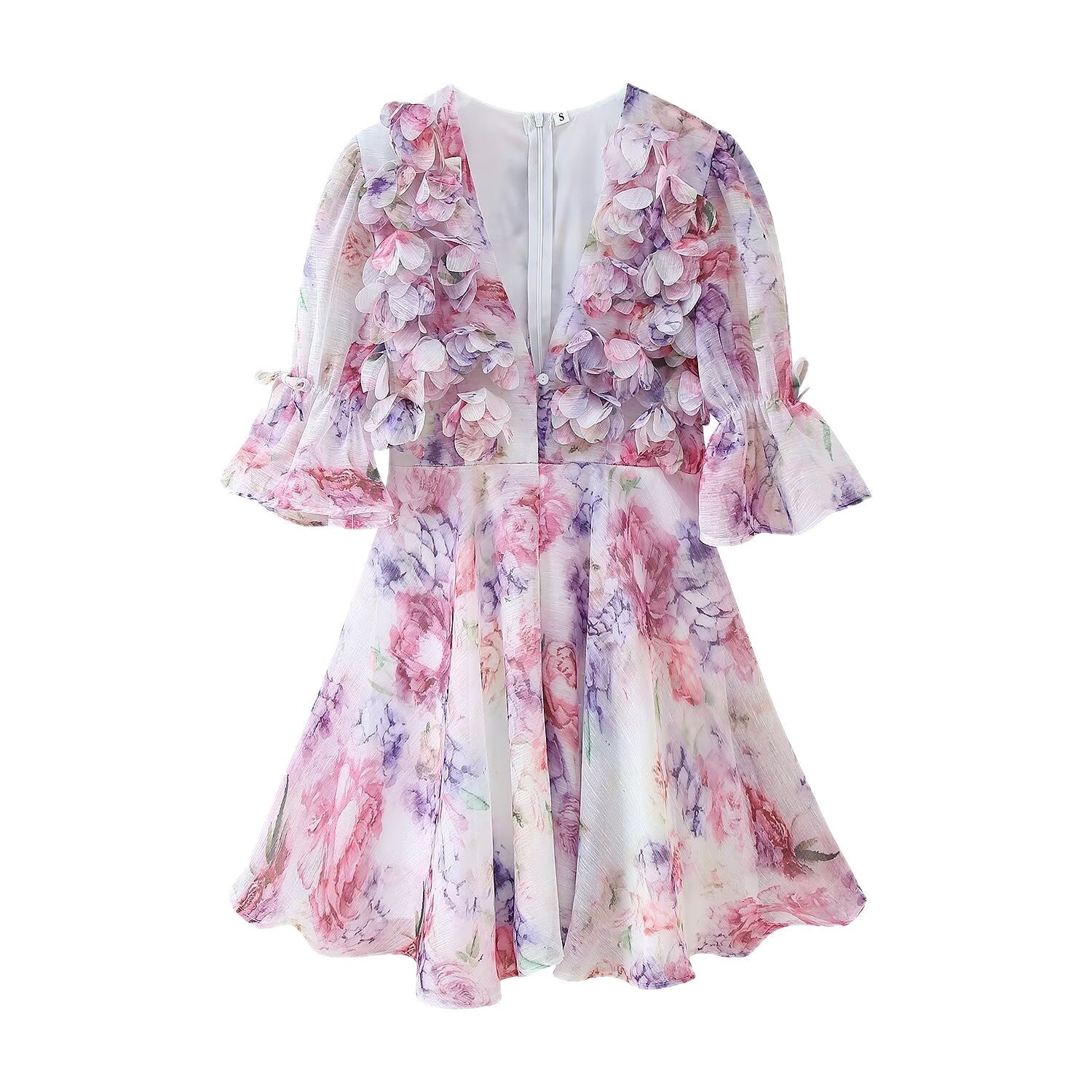 Ladies Romantic Pleated Chiffon Mini Dress with Deep V-Neck and Ruffle Puff Sleeves Chichicherry