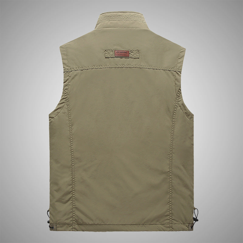 Men's Multifunctional Utility Vest with Stand-up Collar, Zipper Pockets, and Breathable Mesh Lining Chichicherry