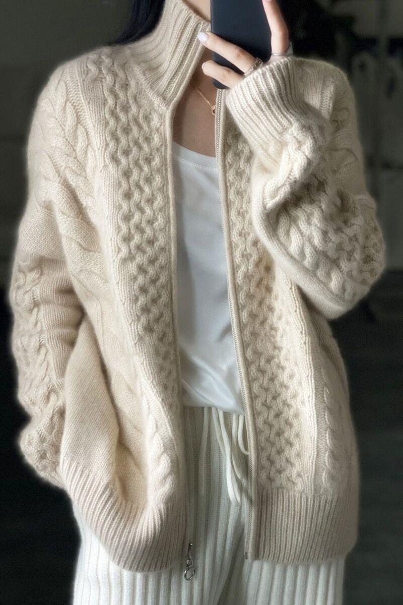 Women's Oversized Cable Knit Mock Neck Sweater in Cozy Mohair Look Chichicherry