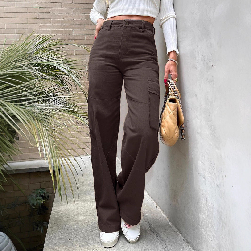 Women's High-Waist Utility Cargo Pants with Wide Leg and Knee Panels Chichicherry