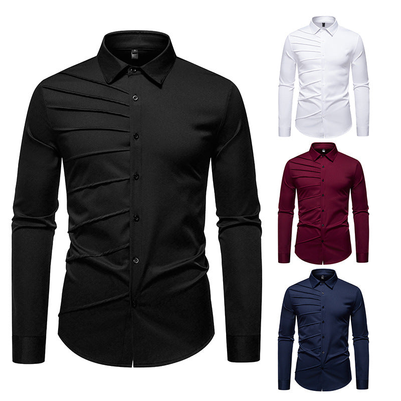 Men's Tailored Business Shirt with Diagonal Pleat Design Chichicherry