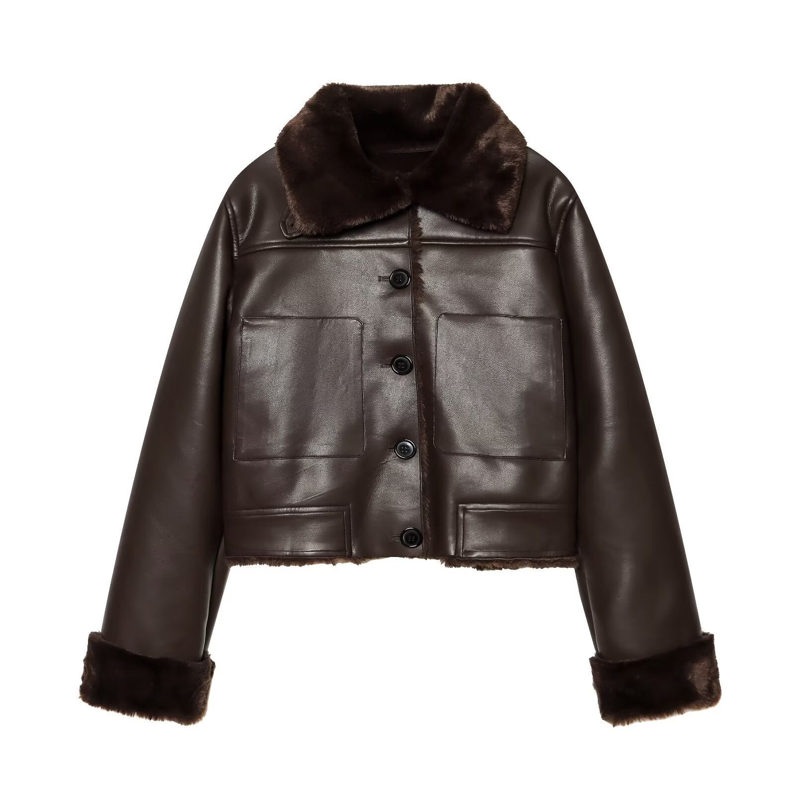 Women's short jacket in lambskin look with fur collar, patch pockets and button placket Chichicherry
