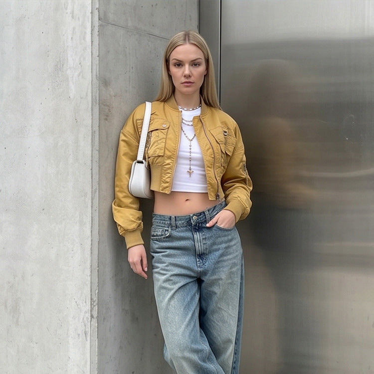 Women’s Short-Cut Utility Bomber Jacket with Practical Pockets and Ribbed Cuffs Chichicherry