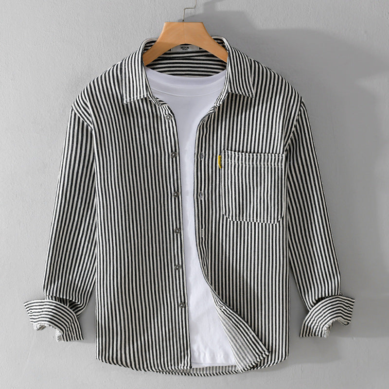 Men's Casual Striped Shirt Jacket Style with Patch Pocket Chichicherry