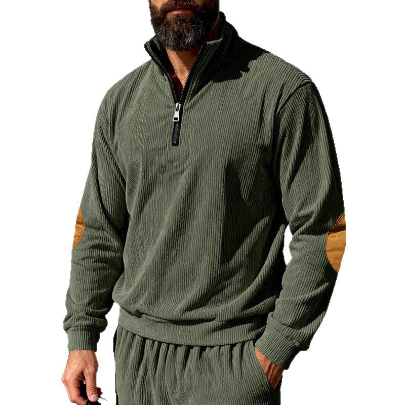 Men's cord structure half-zip pullover in relaxed fit with stand-up collar and elbow patch Chichicherry