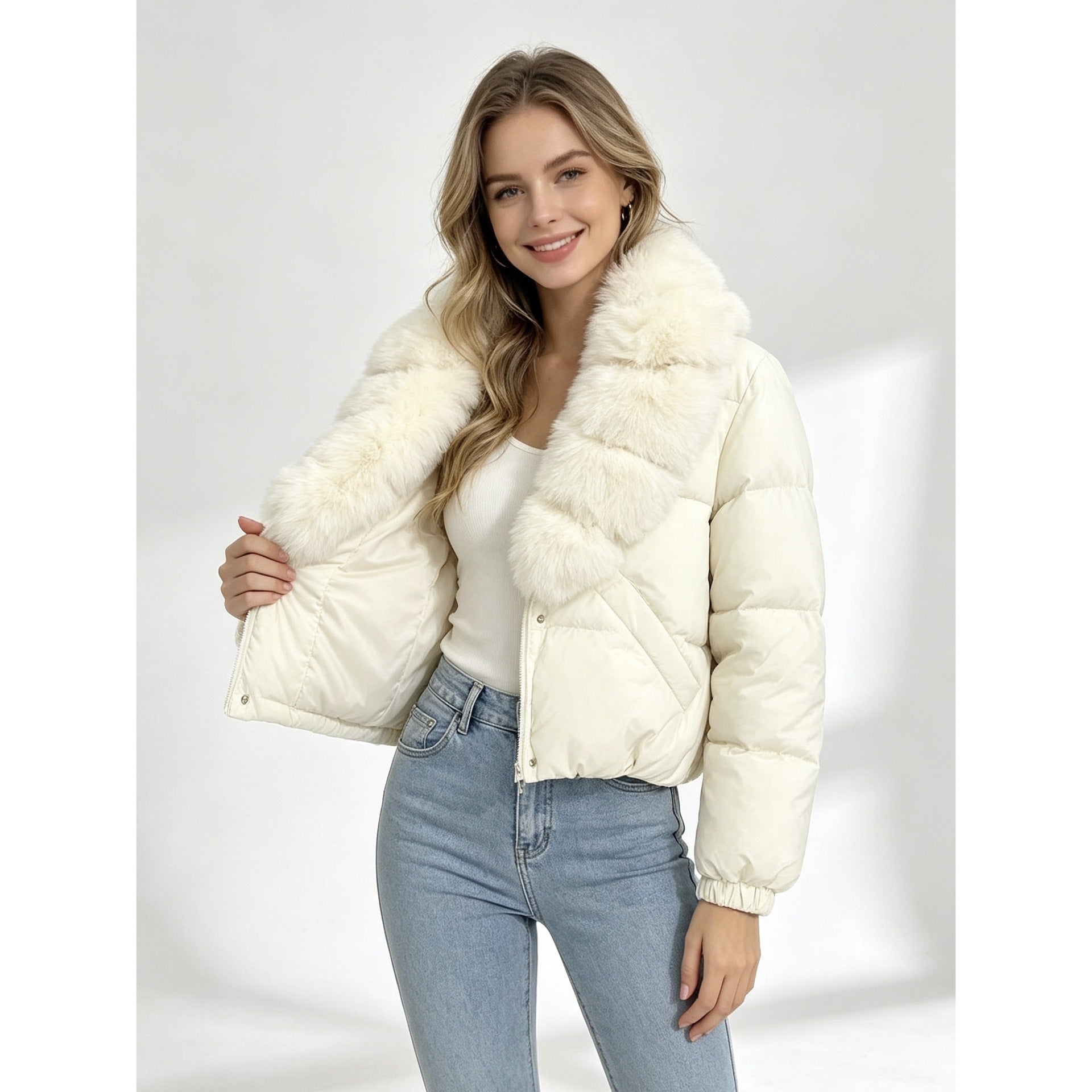 Women's cropped padded jacket with extra voluminous faux fur shawl collar and elastic cuffs Chichicherry