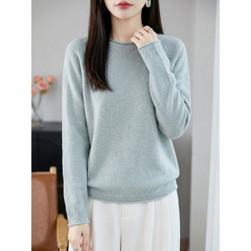 Women Light Fine Knit Crew Neck Sweater with Eyelet Detail and Casual Silhouette Chichicherry