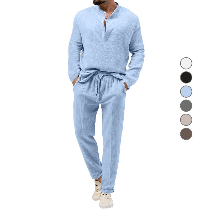 Men's Casual Two-Piece Lounge Set made of Cotton Gauze with Henley Top and Drawstring Pants Chichicherry