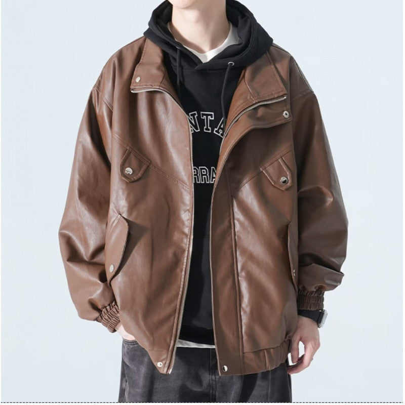 Men's Oversized Faux Leather Bomber Jacket with Stand Collar, Flap Pockets and Elastic Hem Chichicherry
