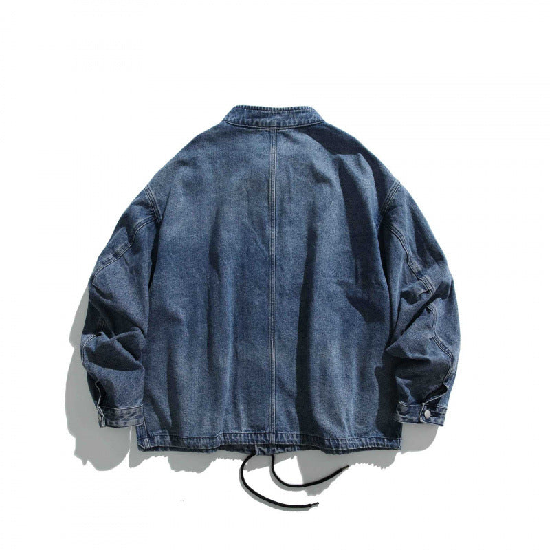 Men's Oversized Jeans Jacket with Stand Collar, Flap Pockets and Drawstring Chichicherry