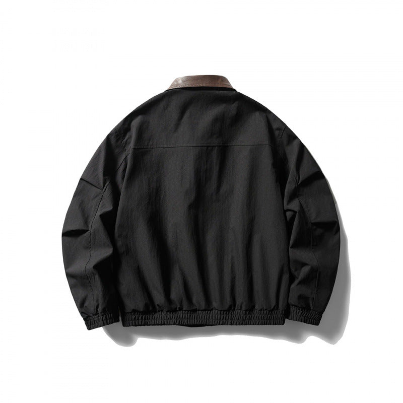 Men's loose-fitting zip jacket with contrast collar made of faux leather and elastic hem Chichicherry