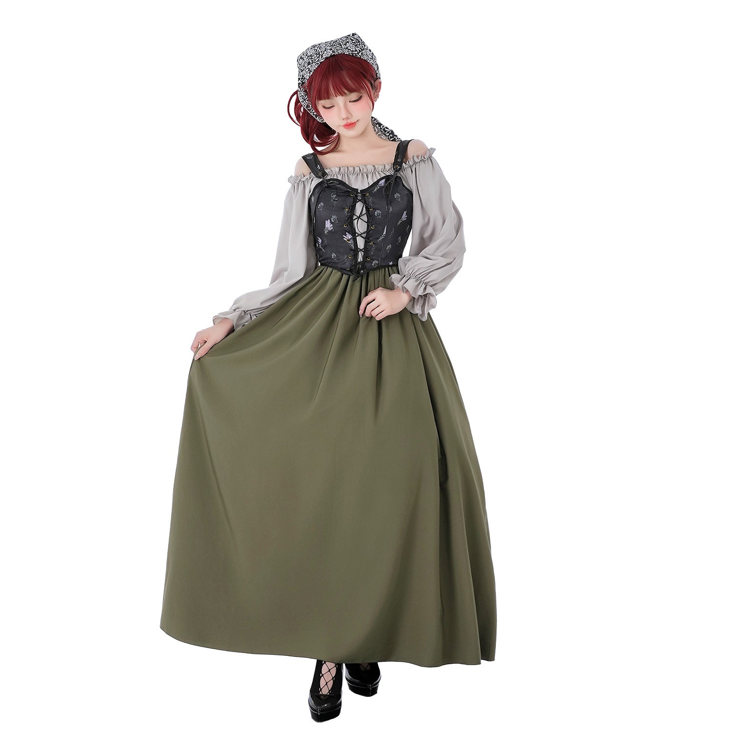 Women Vintage Party Dress with Romantic Ruffle Details and Puff Sleeves Chichicherry