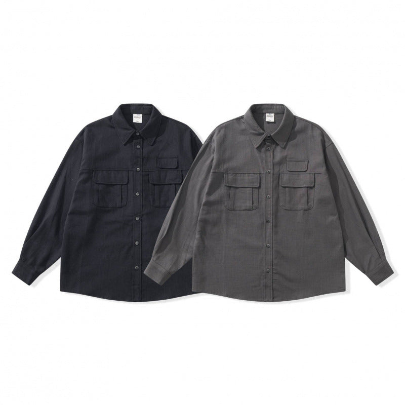 Unisex Boxy Overshirt Jacket in Utility Style with Patch Flap Pockets and Shirt Collar Chichicherry