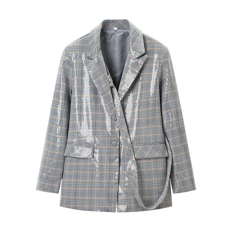 Women's Oversized Glencheck Blazer with single-button placket, flap pockets and subtle sequin embellishment Chichicherry
