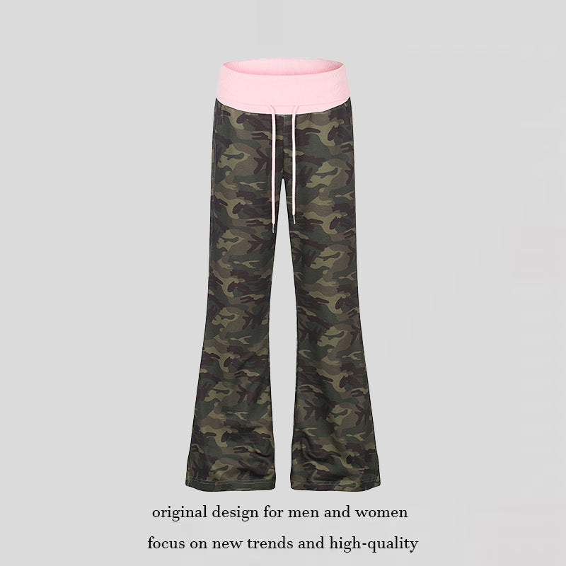 Women's Palazzo lounge pants with high rolled waistband, drawstring, and camouflage pattern Chichicherry