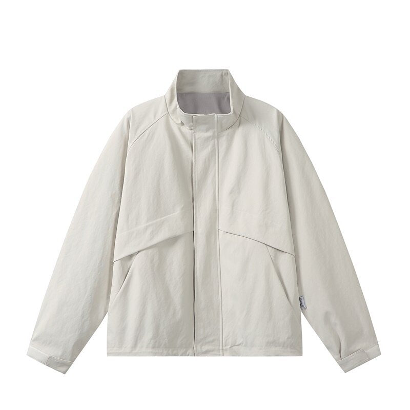 Men's lightweight transitional jacket in minimalist field style with high standing collar and hidden front flap Chichicherry