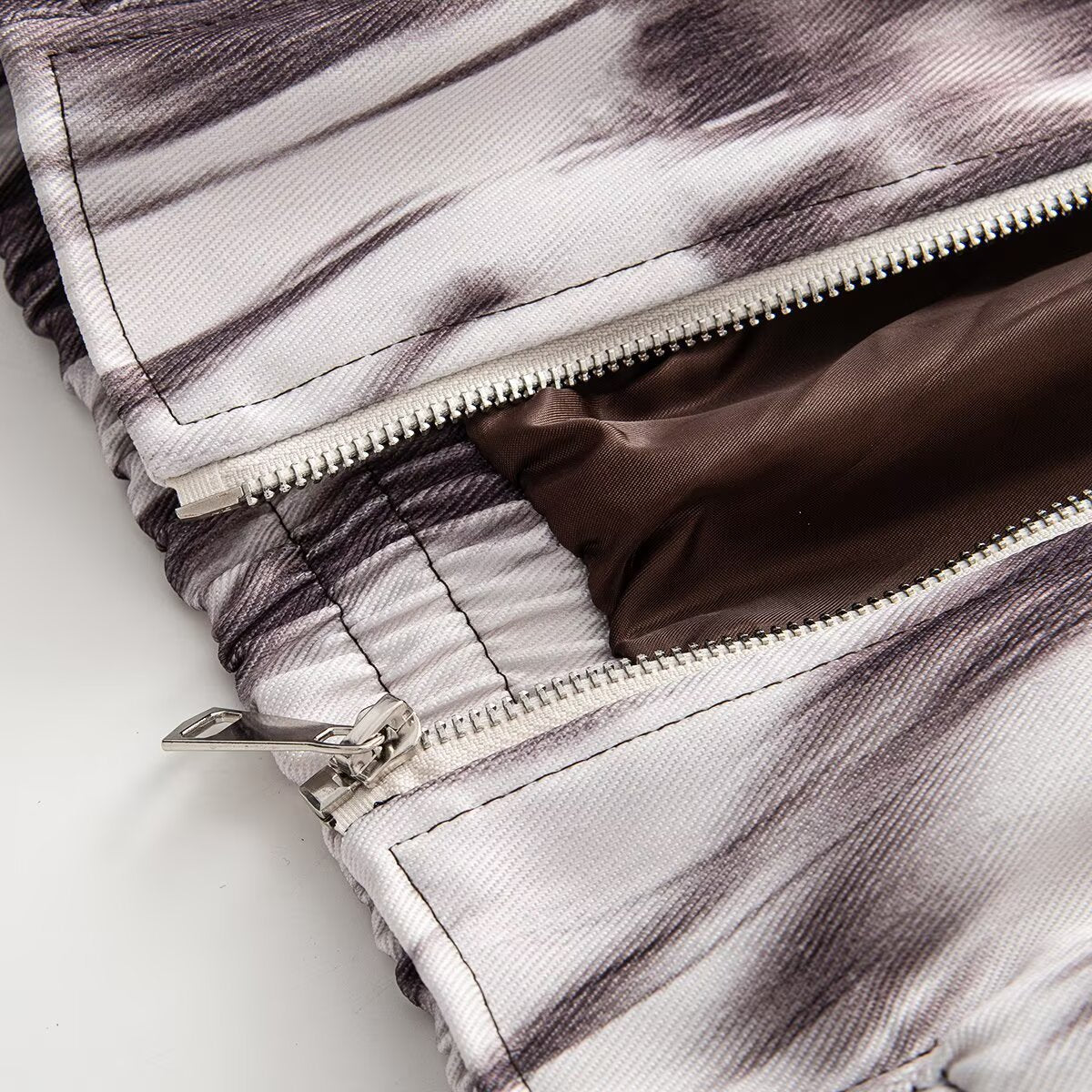 Women's Short Bomber Jacket in Cropped Style with Contrasted Faux Leather Collar and Abstract Print Chichicherry