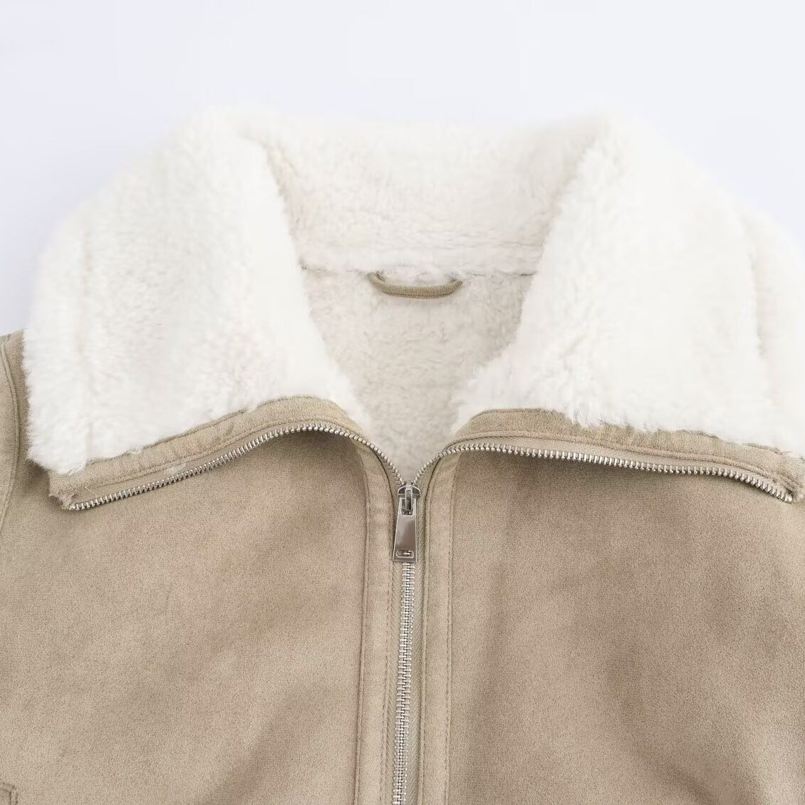 Women's short-cut faux suede bomber jacket with teddy lining, zip and ribbed cuffs Chichicherry
