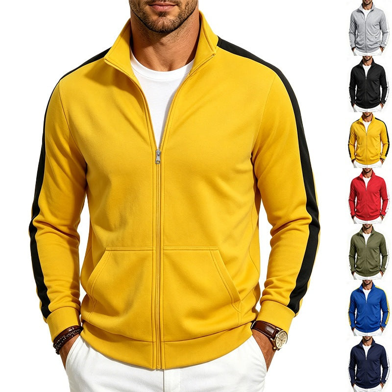 Men's Retro Track Jacket with Contrast Stripes and Stand-Up Collar Chichicherry