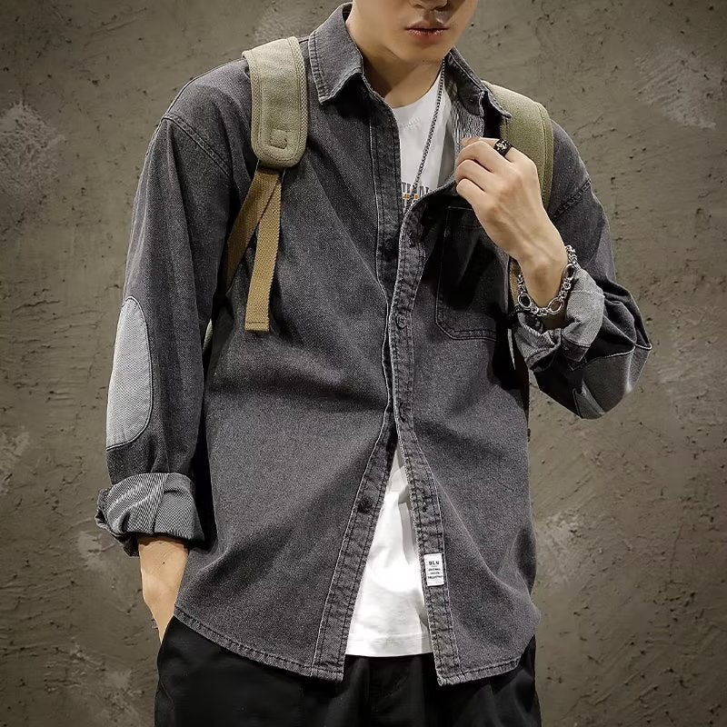 Herren Relaxed-Jeanshemdjacke im Vintage-Wash mit Ellbogen-Patches und aufgesetzter Brusttasche Chichicherry