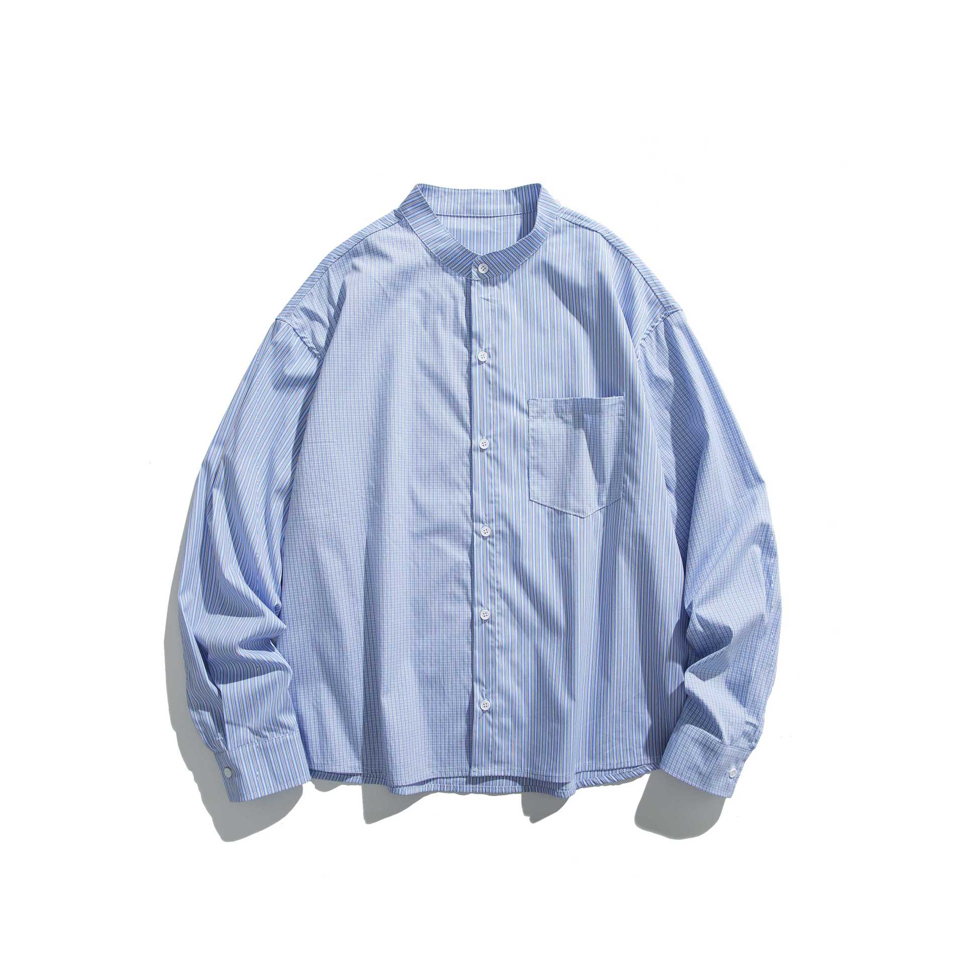 Unisex Oversized Box Shirt with Stand Collar, Breast Pocket and Fine Stripe Texture Chichicherry