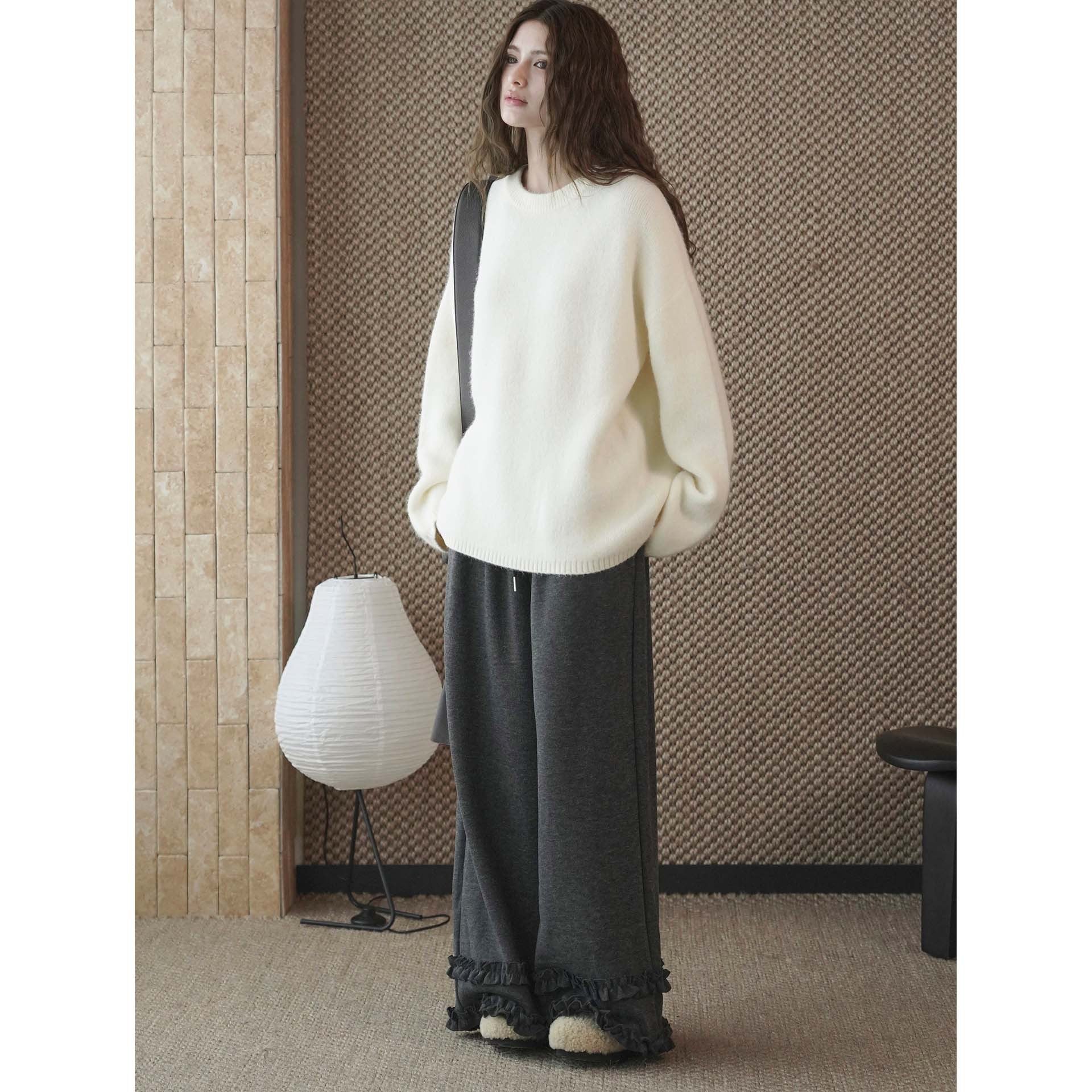Women Wide Loungewear Pants with Elastic Waistband, Drawstring and Ruffle Detail Chichicherry