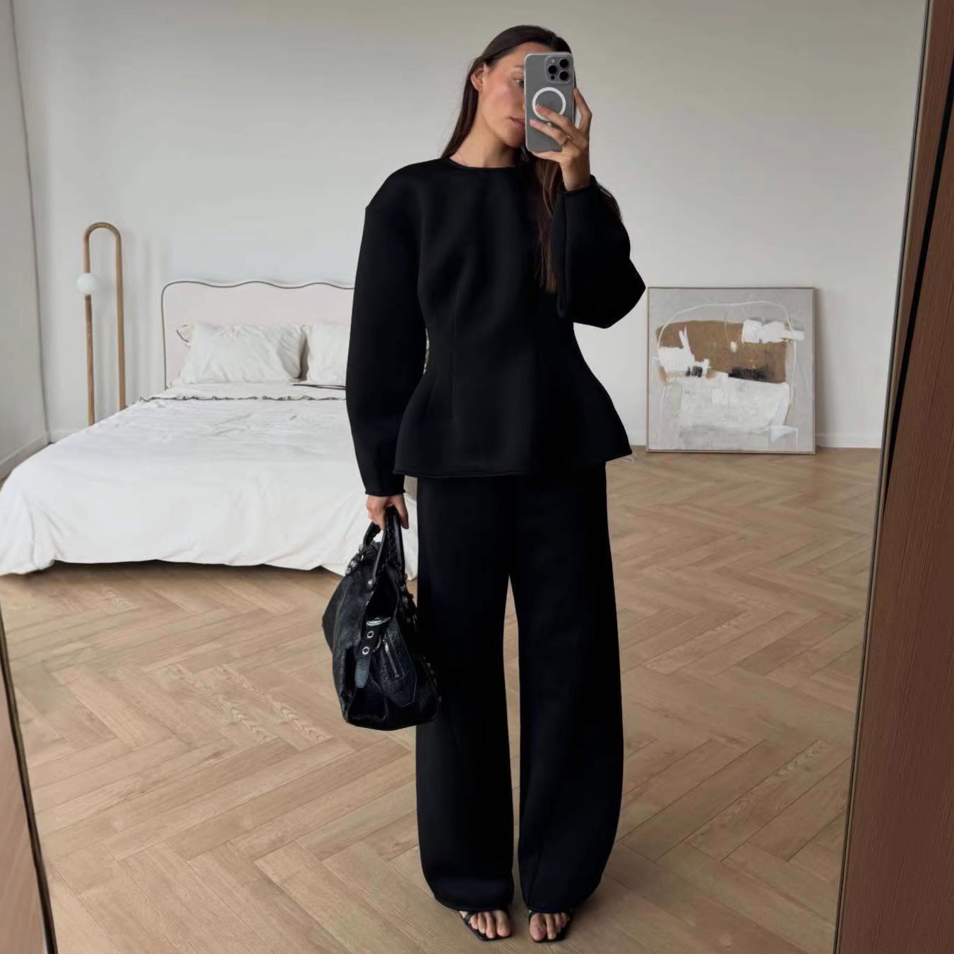 Women's Tailored Peplum Top with Wiener Seams and Wide Lounge Pants Set Chichicherry