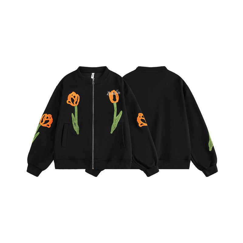 Ladies Embroidered Bomber Jacket with Tulip Embroidery and Ribbed Cuffs Chichicherry
