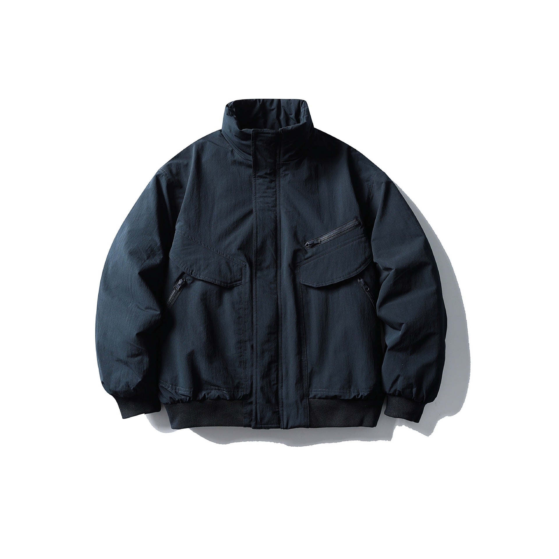 Men's Boxy Utility Bomber Jacket with High Stand-Up Collar, Concealed Front Placket and Zip Chest Pocket Chichicherry