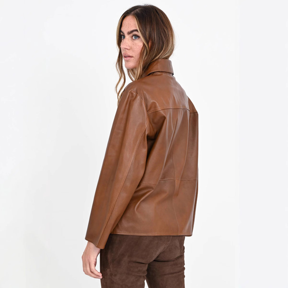 Women's Overshirt Jacket in Leather Look with Attached Breast Pocket and Concealed Button Placket Chichicherry