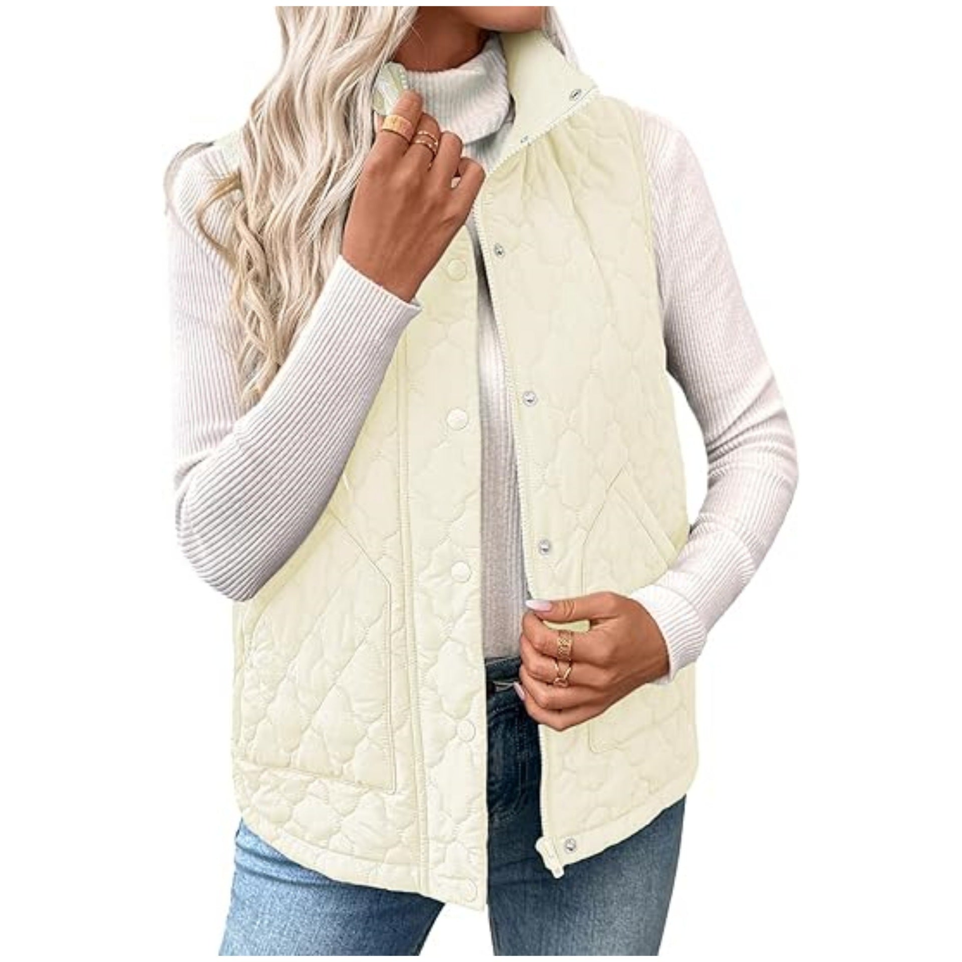 Women’s quilted vest with high standing collar, double closure and curved hem Chichicherry