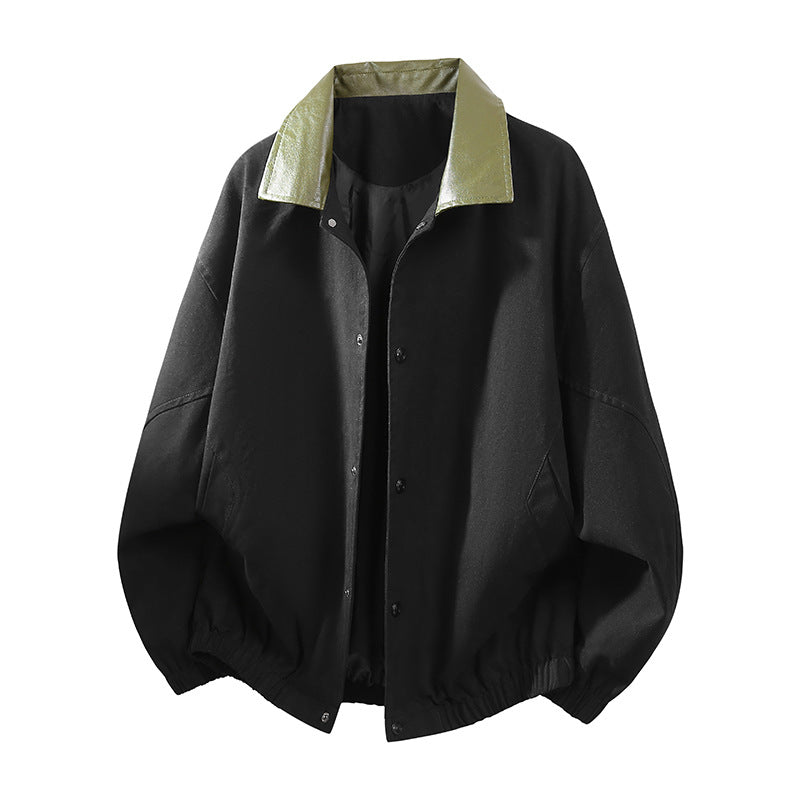 Men's Oversize Coach Jacket with Shiny Collar, Concealed Snap Placket, and Elastic Hem Chichicherry
