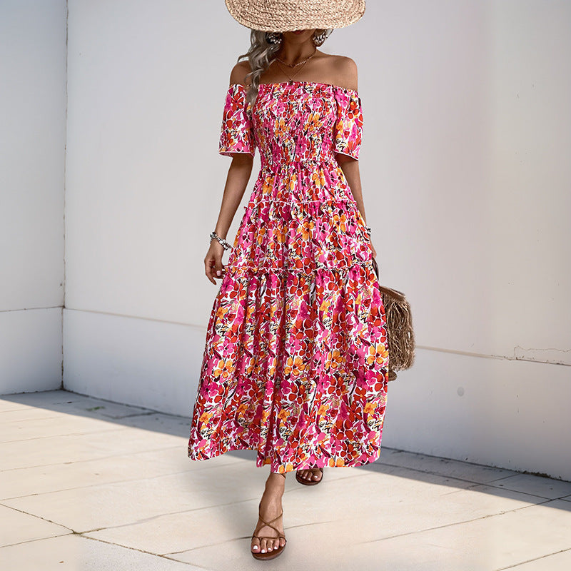 Women's Tiered Maxi Dress with Off-the-Shoulder Neckline, Smocked Bustier and Side Slit Chichicherry