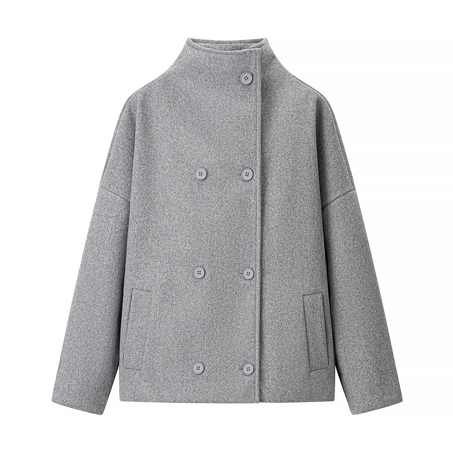 Ladies short double-breasted oversized boxy jacket with stand-up collar and side pockets Chichicherry
