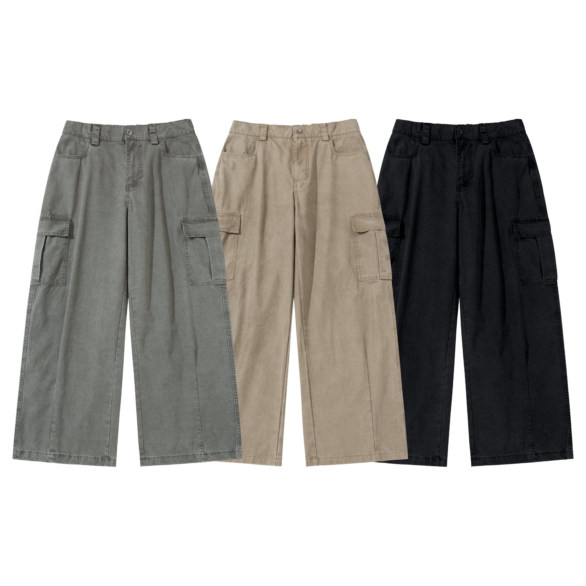 Women's cargo pants with wide leg, high waist, and patch pockets.