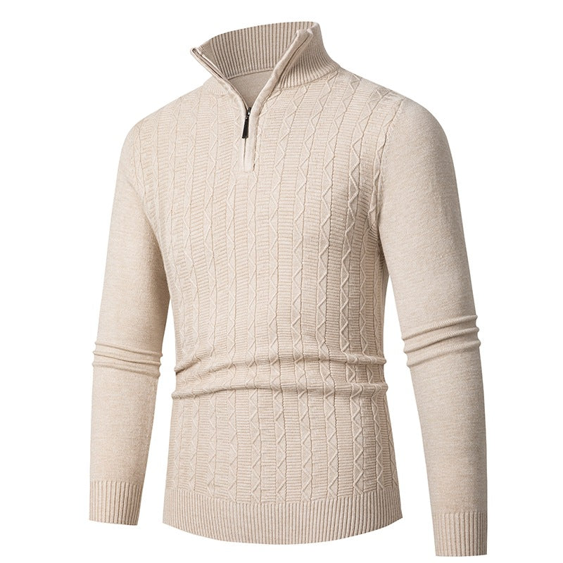 Men's Slim Fit Half-Zip Structured Pullover made of Merino Blend with Cable Knit Pattern and Stand-Up Collar Chichicherry