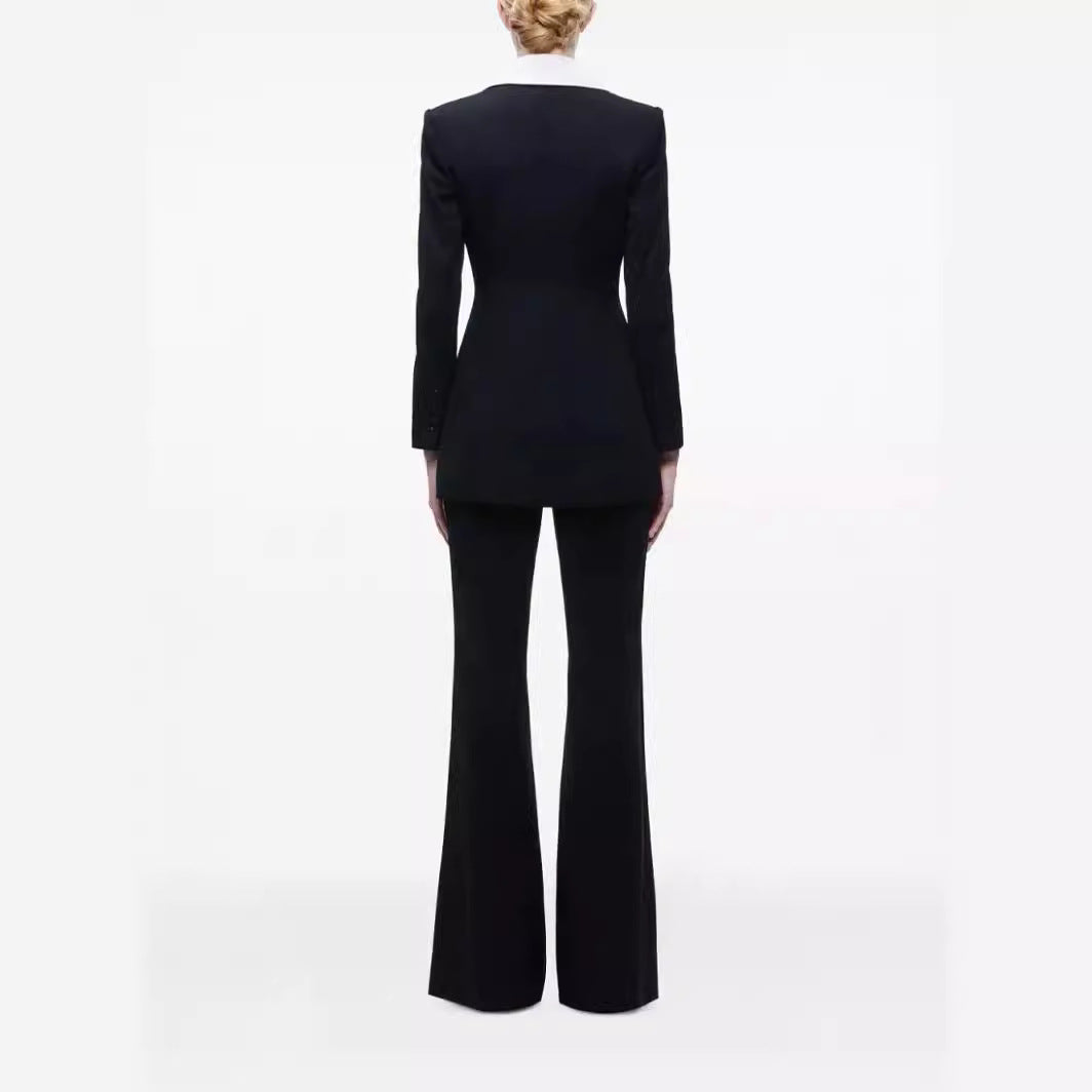 Ladies Elegant Two-Piece Tuxedo Set with Contrasting Shawl Collar and Flared Trouser Chichicherry