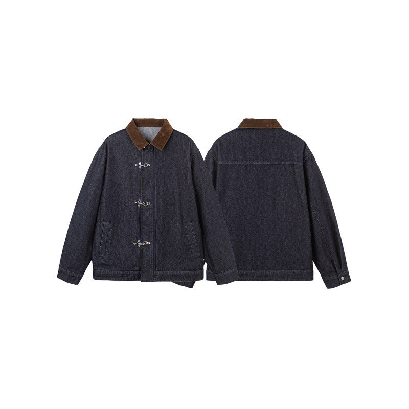 Men's Boxy Denim Jacket with Cord Collar and Metal Toggle Closures Chichicherry