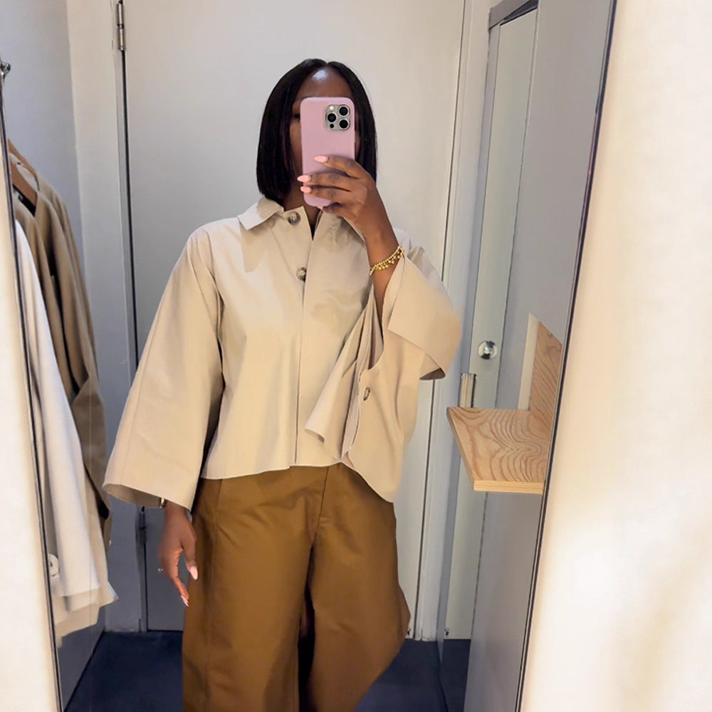 Women's Boxy Cropped Shirt Blouse with Wide Batwing Sleeve and Fine Tuck Chichicherry