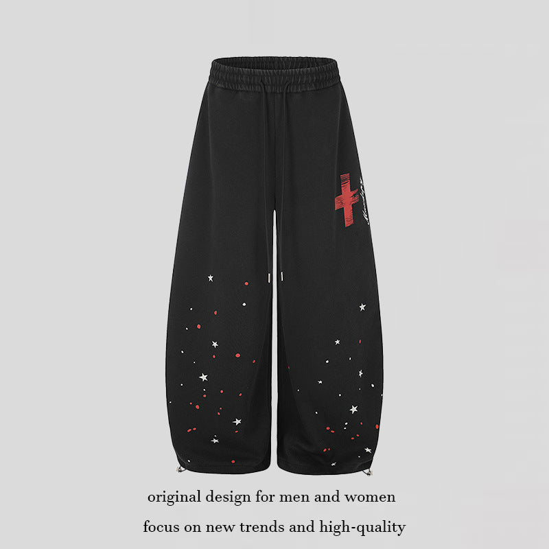 Women's Extra Wide Palazzo Sweatpants with Drawstring Waist, Star Print & Adjustable Balloon Hem Chichicherry