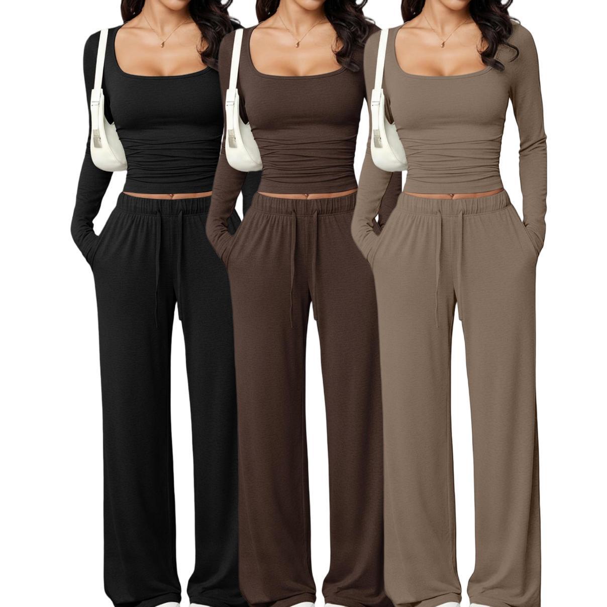 Women's Two-Piece Relax Set with Fitted Long Sleeve Crop Top and Loose Jersey Pants Chichicherry